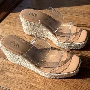 Zara Clear Strap Tan Wedges - Size 37